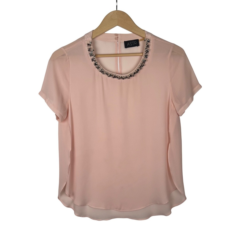 ASTR Embellished Neck Blouse Short Sleeve Top Elegant Party Pink Womens Size M